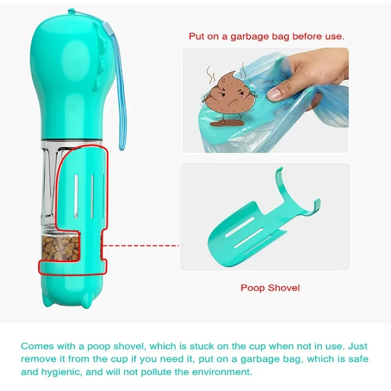 Bouteille d’eau portable pour chien et chat avec distributeur de nourriture et sacs