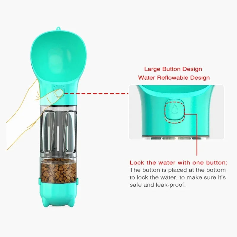 Bouteille d’eau portable pour chien et chat avec distributeur de nourriture et sacs